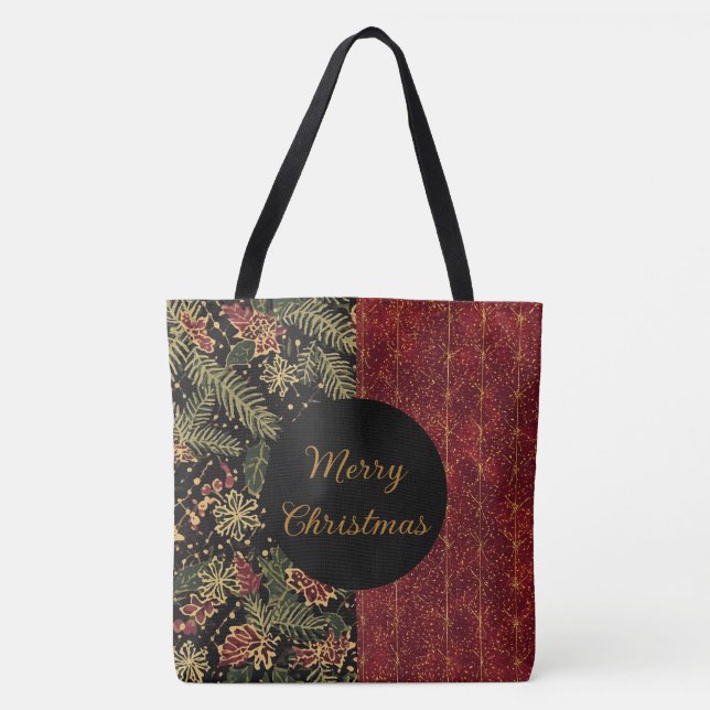 Bolso De Tela Christmas Flowers ,Red Gold Black,Merry Christmas (Anverso)