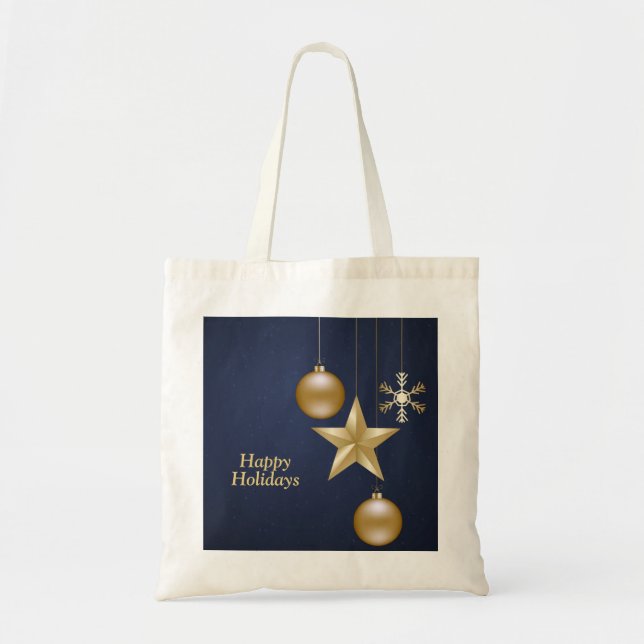 Bolso De Tela Christmas Golden Ornaments Stars Navy Blue Elegant (Frente)