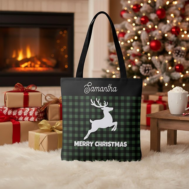 Bolso De Tela Christmas Green & Black Plaid Reindeer Custom Name (Subido por el creador)