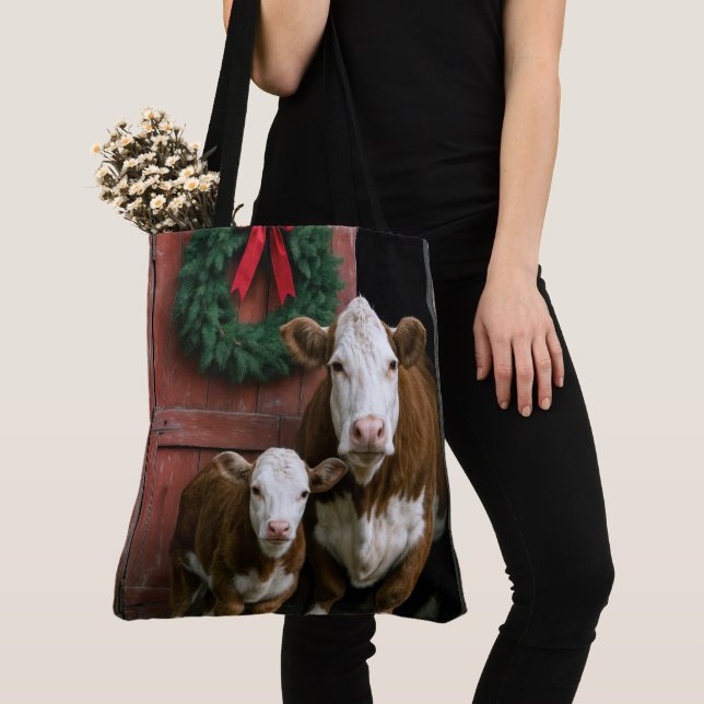 Bolso De Tela Christmas Hereford Cow and Calf (Detalle)