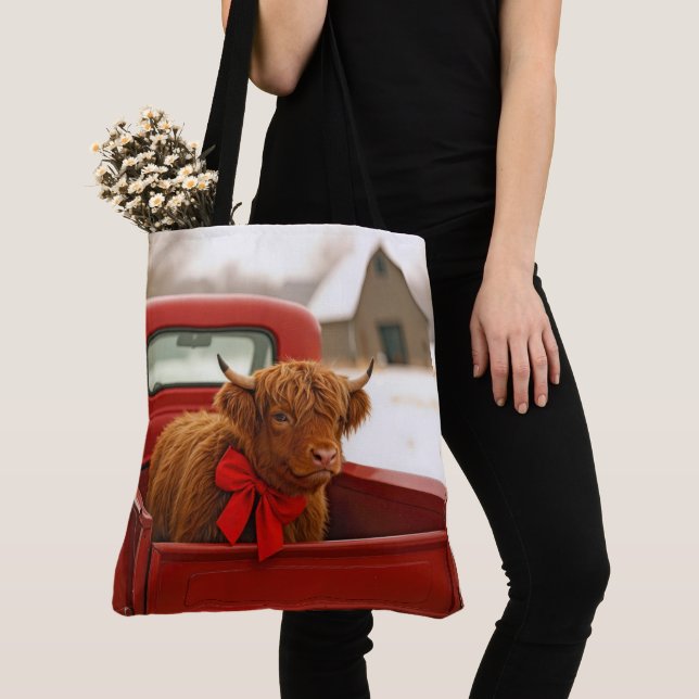 Bolso De Tela Christmas Highland Cow In Old Red Truck (Detalle)