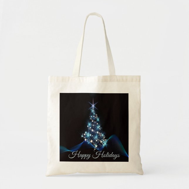 Bolso De Tela Christmas Party Blue Tree Shiny Black Elegant (Frente)