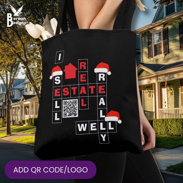 Bolso De Tela CHRISTMAS Real Estate SELL REALLY WELL QR Realtor (Fun Realtor I SELL REAL ESTATE REALLY WELL Christmas tote bag with crossword and custom QR code/logo)