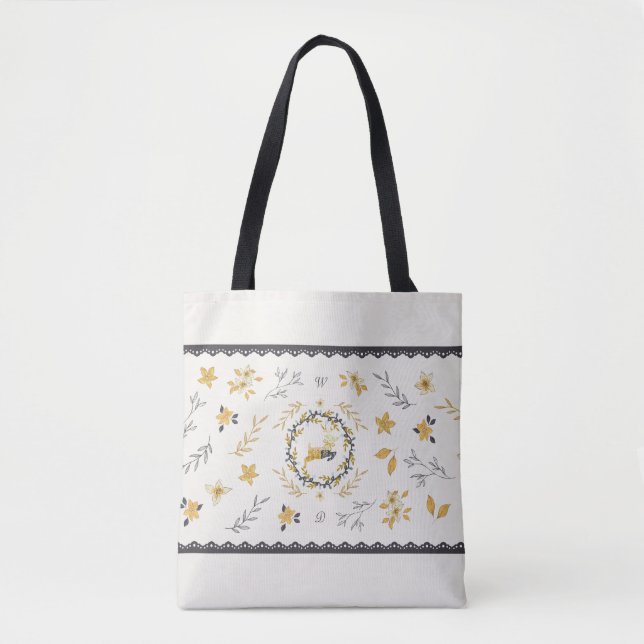 Bolso De Tela Christmastime Deer Yellow Cream Floral Blue (Anverso)