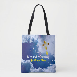 Bolso De Tela Cielo azul con nubes blancas y cruz dorada