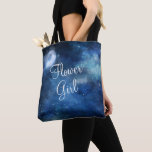 Bolso De Tela Cielo lunar Luna Llena Galaxia Celestial Niña Flor<br><div class="desc">Diseño de acuarela celestial de galaxia con cielo lunar, con estrellas brillantes nocturnas, y diseño de luna brillante en un lujoso azul marino, azul pálido y toques de textura de color morado. Con Fuentes Modernas De Escritura De Tipografía. Un diseño de moda - Bolsas de té para chicas de flor...</div>
