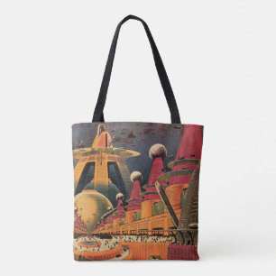 Bolso De Tela Ciencia Ficción Vintage Ciudad Futurista Coche Vol