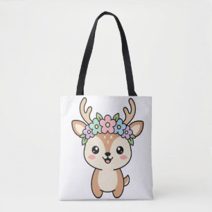Bolso De Tela Ciervo Kawaii Adorable con Corona de Flores Ilustr