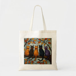 Bolso De Tela Cinco Gatos en una Rama de Árbol Estilo Vidrio Pin
