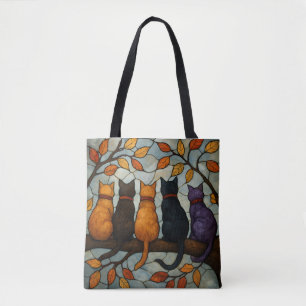 Bolso De Tela Cinco Gatos en una Rama de Árbol Estilo Vidrio Pin