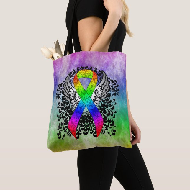 Bolso De Tela Cinta arcoiris con alas (Detalle)