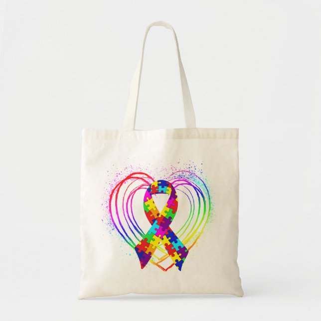 Bolso De Tela Cinta de autismo en el corazón: (Frente)
