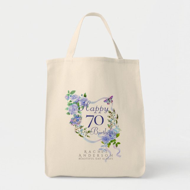 Bolso De Tela Cinta de Rosa Azul Cumpleaños 70 (Frente)