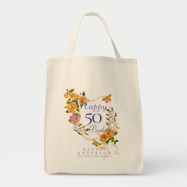 Bolso De Tela Cinta de Rosa Dorada 50 Cumpleaños (Frente)