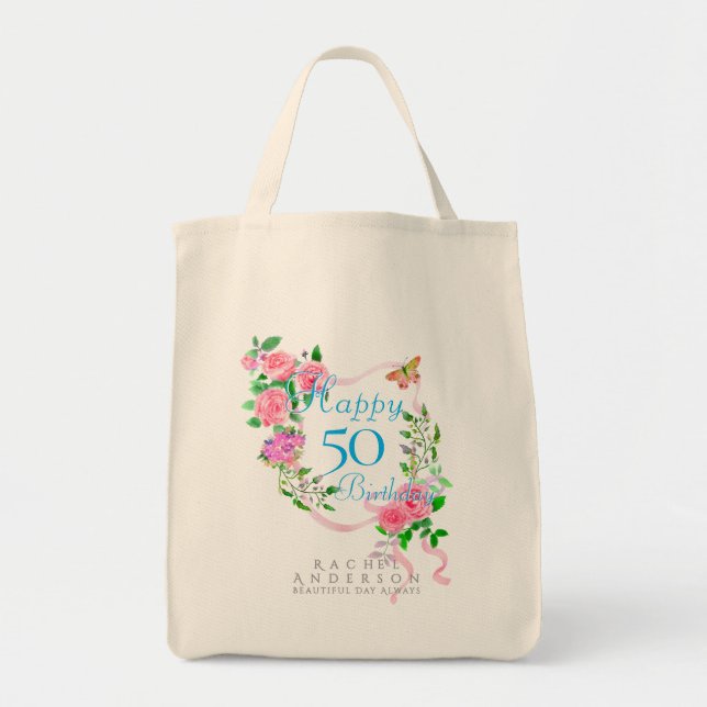 Bolso De Tela Cinta de rosa rosa cumpleaños 50 (Frente)