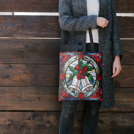 Bolso De Tela Cinta roja de campanas plateadas Faux Stained Glas