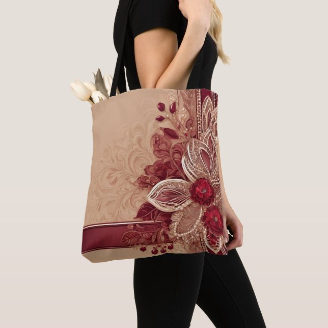 Bolso De Tela Cinta roja floral arte aI (Detalle)