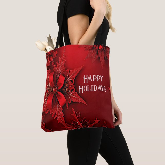 Bolso De Tela Cinta roja Navidades de feriado floral Tote Bag (Detalle)