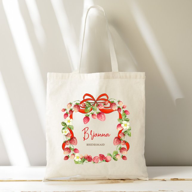 Bolso De Tela Cintas de fresa regalos personalizados para damas  (Strawberry ribbon coquette bow personalized bridesmaid gifts monogrammed tote bag)