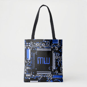 Bolso De Tela Circuito azul 2 Monograma sobre la espalda azul de