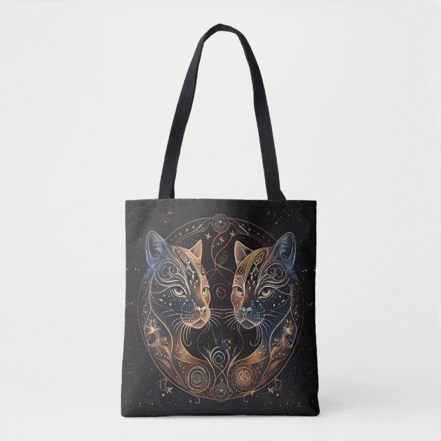 Bolso De Tela Círculo felino artístico de gatos gemelos (Anverso)