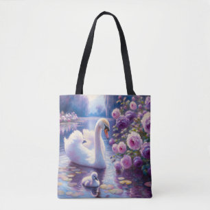 Bolso De Tela Cisne blanco con Rosas morados