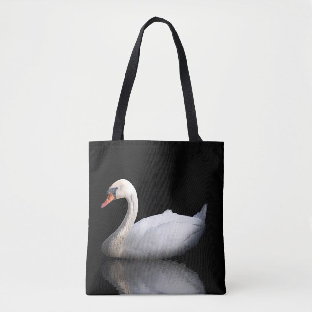 Bolso De Tela cisne blanco sobre negro (Anverso)