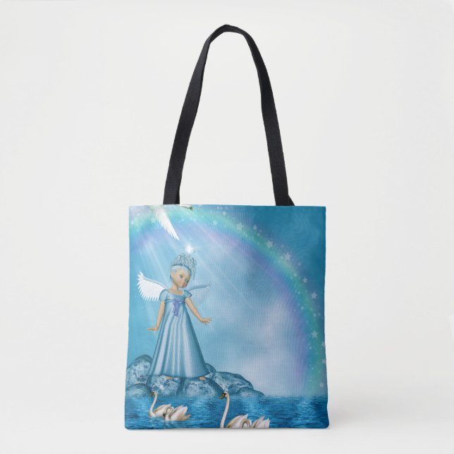 Bolso De Tela Cisnes Blancos Y Ángel (Anverso)