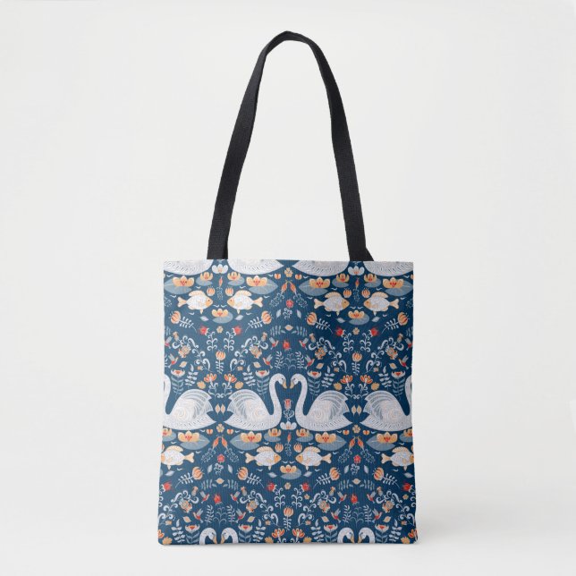 Bolso De Tela Cisnes, peces, flores de fondo azul. Decorativo (Anverso)