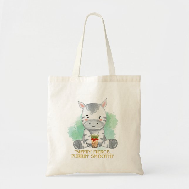 Bolso De Tela cita de cebra personalizado bebiendo té de bobba (Frente)