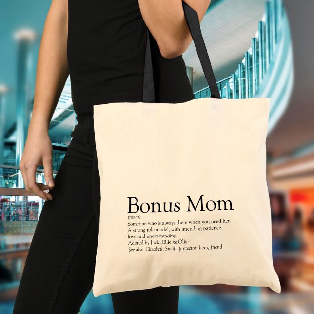 Bolso De Tela Cita de definición de bono personalizado de mamá m (Personalized Bonus Mom Definition Quote Modern Tote Bag)