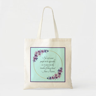 Bolso De Tela Cita de Jane Austen con marco dorado y floral púrp