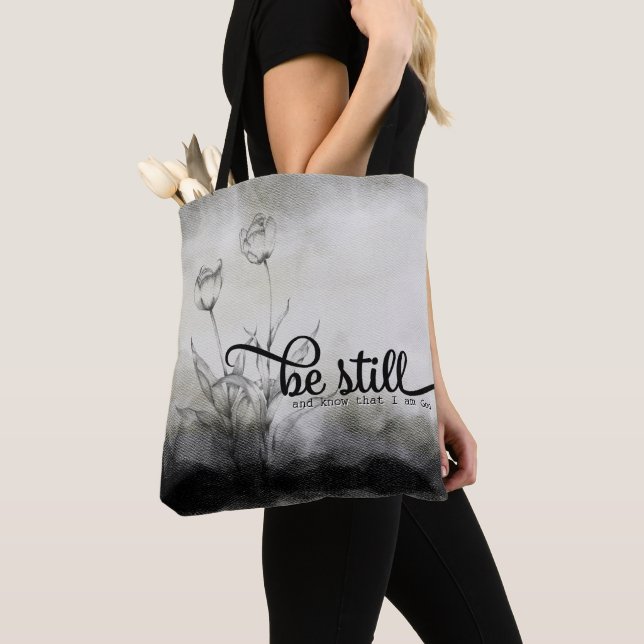 Bolso De Tela Cita de la Biblia Be Still con tulipanes (Detalle)