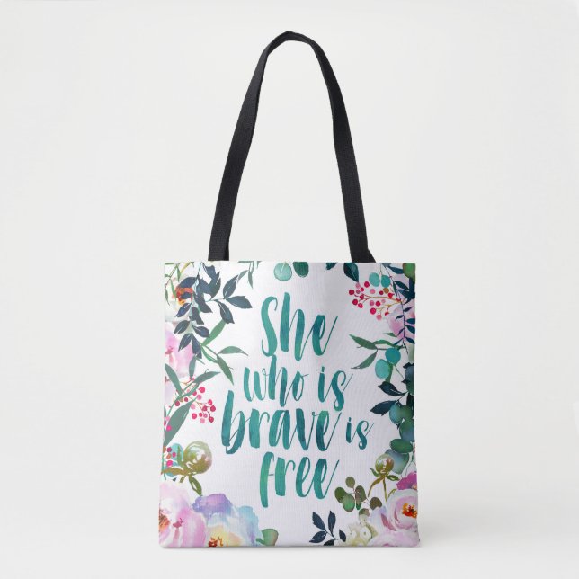 Bolso De Tela Cita femenina libre de valentía floral (Anverso)