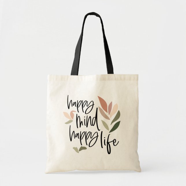 Bolso De Tela Cita inspiradora de Happy Mind Happy Life (Frente)