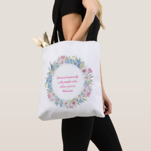 Bolso De Tela Cita Motivadora Cita Floral Azul Blanco Rosa
