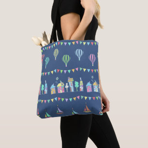 Bolso De Tela Ciudad costera Barcos de vela y patrón de banderin