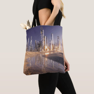 Bolso De Tela Ciudad futurista de ciencia ficción reflejada en l