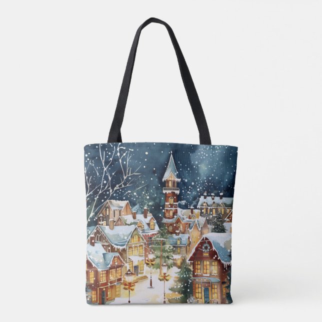 Bolso De Tela Ciudad ilustrativa de Navidades en la nieve (Reverso)