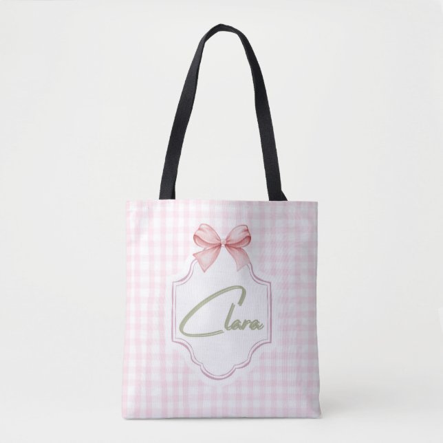 Bolso De Tela Clara Baby Nursery personalizada Bow&Gingham (Anverso)