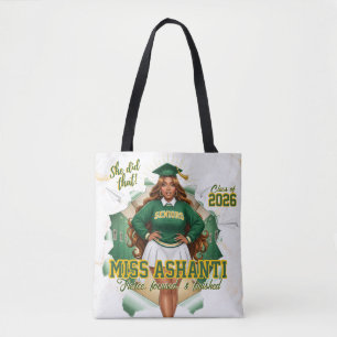 Bolso De Tela Clase de 2026 Chica Negra Graduación Verde y Dorad
