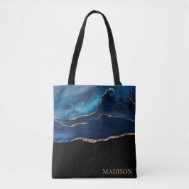 Bolso De Tela Clásico Azul Marino Dorado Brillante Nombre