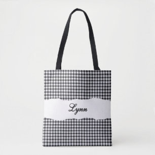 Bolso De Tela Clásico Gingham Negro y Blanco Nombre Personaliz
