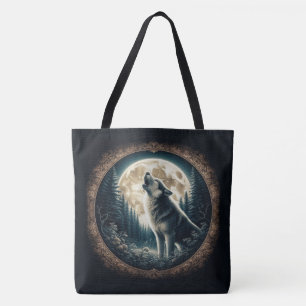Bolso De Tela Clásico, lobo y luna vintage
