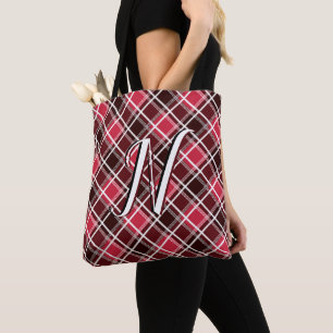 Bolso De Tela Clásico Personalizado Monograma Rojo Tartán Plaid