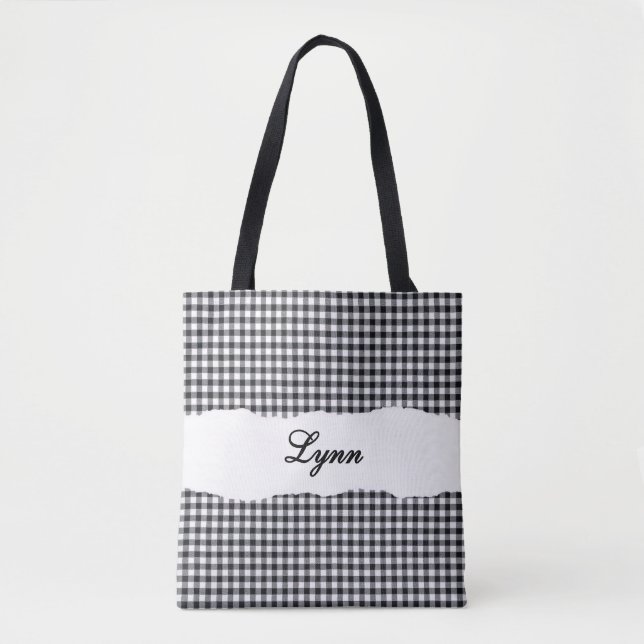 Bolso De Tela Classic Black & White Gingham | Personalized Name (Anverso)
