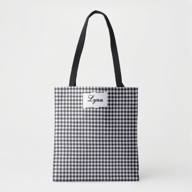 Bolso De Tela Classic Black & White Gingham | Personalized Name (Anverso)