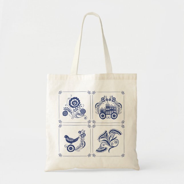 Bolso De Tela Classic Dutch Blue Delft Tile Floral & Bird Design (Frente)