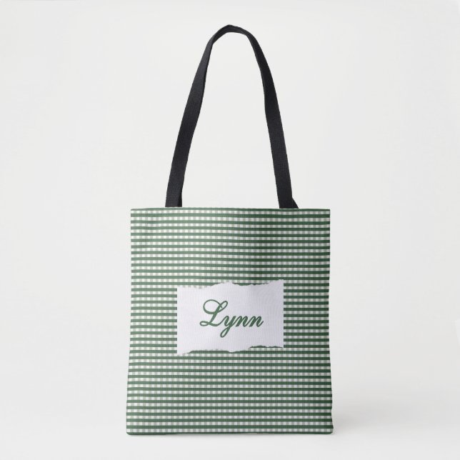 Bolso De Tela Classic Green & White Gingham | Personalized Name (Anverso)