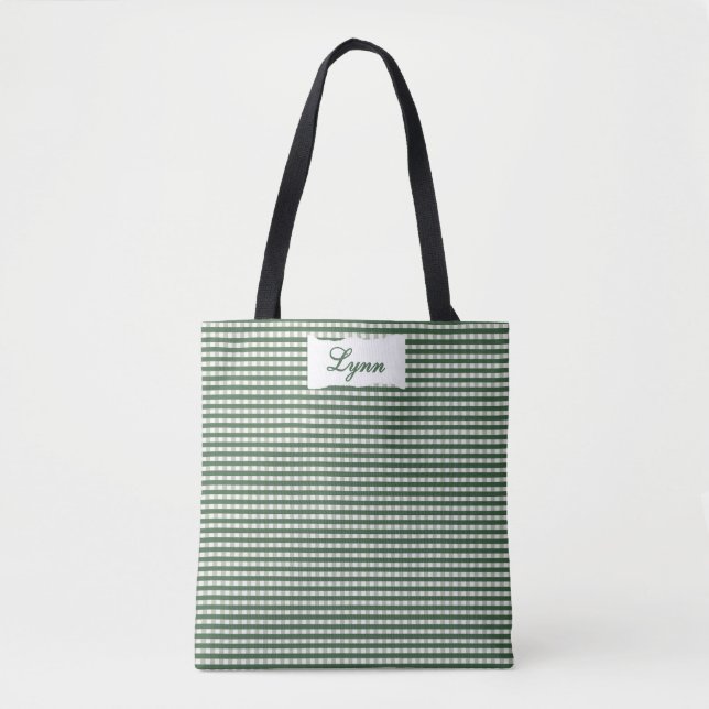 Bolso De Tela Classic Green & White Gingham | Personalized Name (Anverso)
